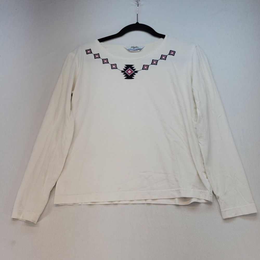 Roper Long Sleeve Top Women Medium White Western Southwestern Embroidered Cotton